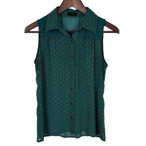 Edge Green Orange Polka Dot Collared Tank Top Women's Small Sheer Career